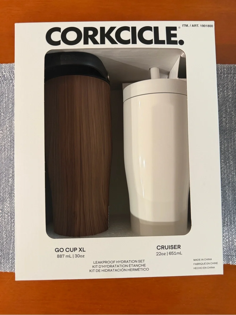 Corkcicle Leakproof hydration set wood color and white cup XL brown and white